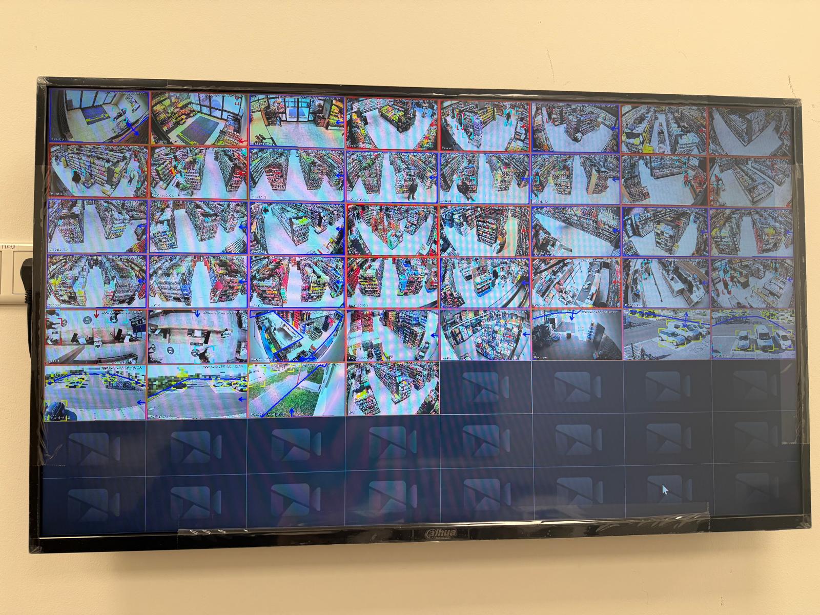 Videowand mit allen Kamerabildern im Überwachungsraum
