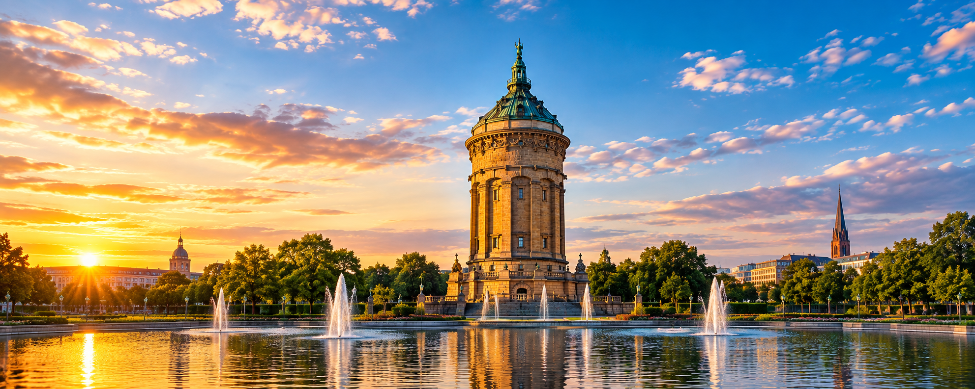 Mannheimer Wasserturm bei Sonnenuntergang – Einsatzgebiet der HECTECH GmbH